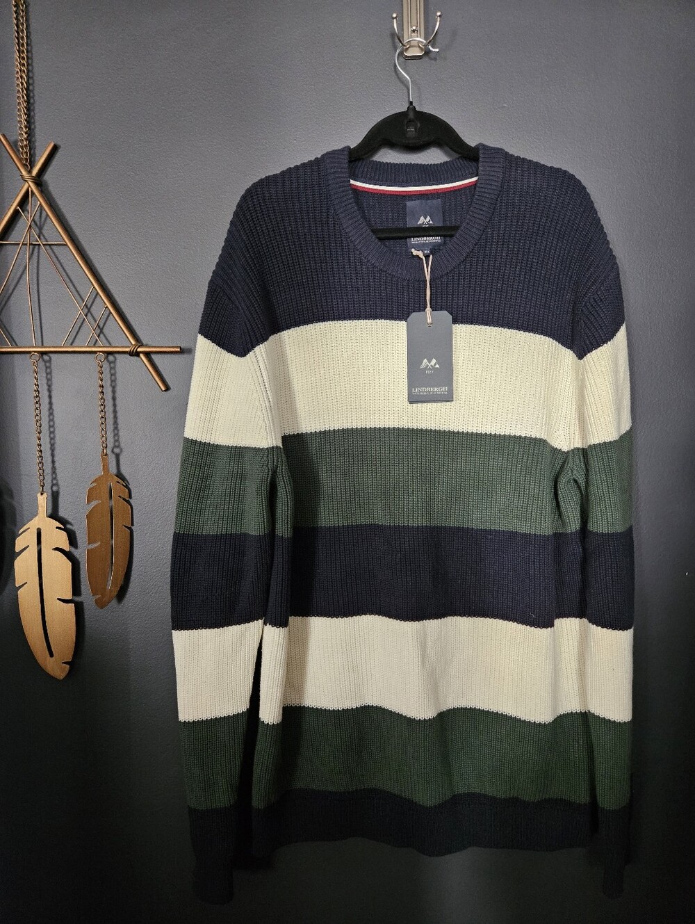Lindbergh Sweater Mens XXL NWT Navy Green Cream Colorblock Stripe Crewneck